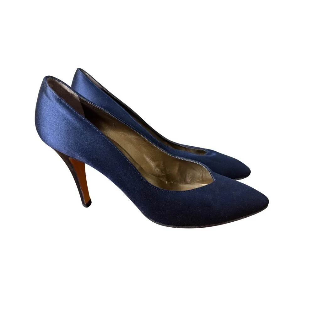 Yves Saint Laurent Vintage Navy Blue Satin Pointed Toe‎ Pumps Stiletto Heels 7N
